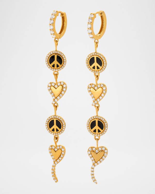 20K Peace and Love Drop Earrings with Black Enamel and White Diamonds